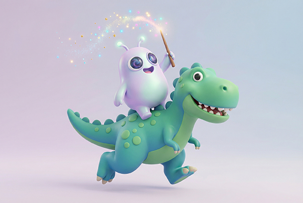 Illustration mixing dinosaurs, rockets, and wizards in one imaginative scene