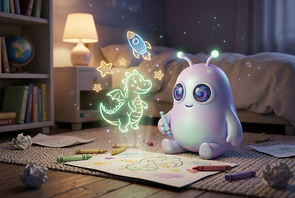 Child reading a book and imagining a colorful fantasy world